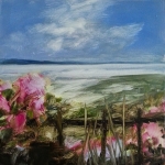 Fleurs devant la mer en bretagne, huile sur bois MDF, 20X20 cm. Disponible.