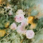 Roses sur fond celadon, hommage à Renoir, huile sur toile, 50X50 cm. Disponible.