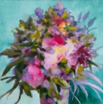 Bouquet sur fond turquoise, huile sur toile, 50X50 cm. Disponible.