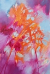 Abstraction florale en rose, gris et orange, huile sur toile. Vendu.
