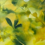 Feuillages en vert et jaune, spray-paint sur bois, 20X20 cm Disponible.
