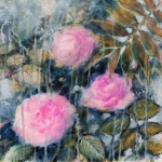 Roses et palme, technique mixte sur toile 40X40 cm. Vendu.