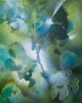 Feuillages en vert et bleu, acrylique en spray sur panneau, 19X24 cm. Vendu.