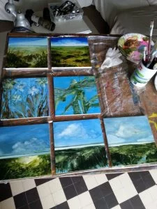 Lire la suite à propos de l’article Session de peinture à l&rsquo;huile : fleurs, libellule et rivages de lacs…