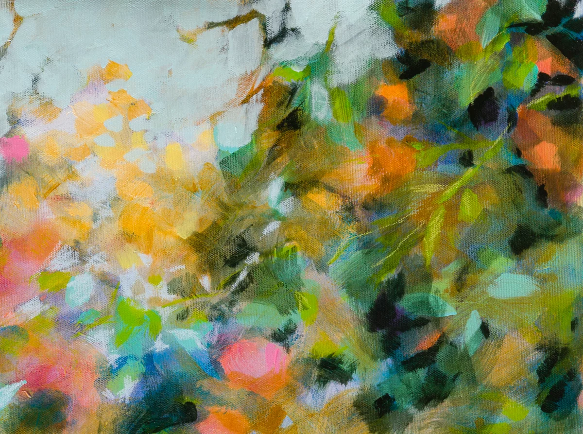 Floraison, acrylique et pastels à la cire sur toile, 90X43 cm