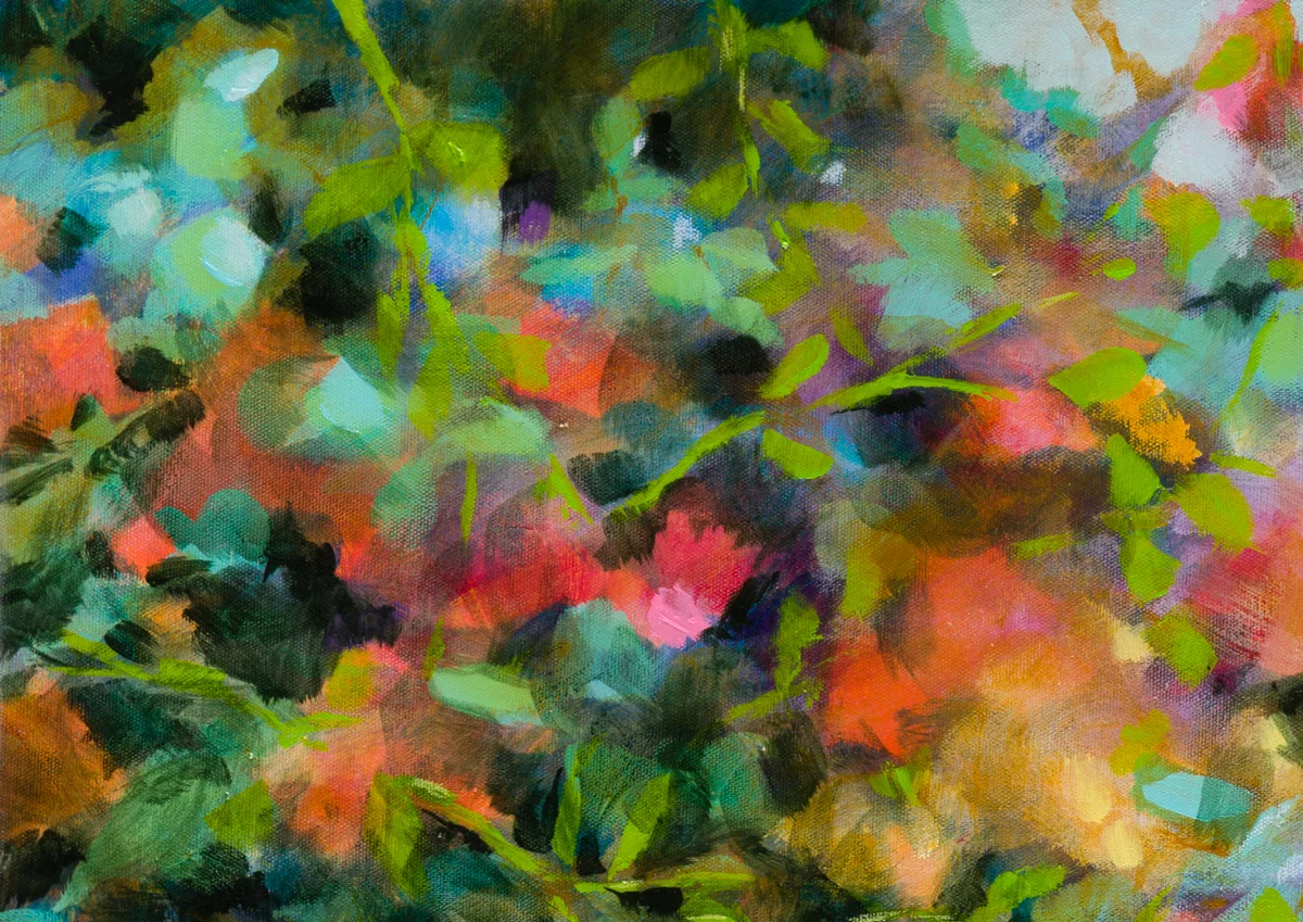Floraison, acrylique et pastels à la cire sur toile, 90X43 cm