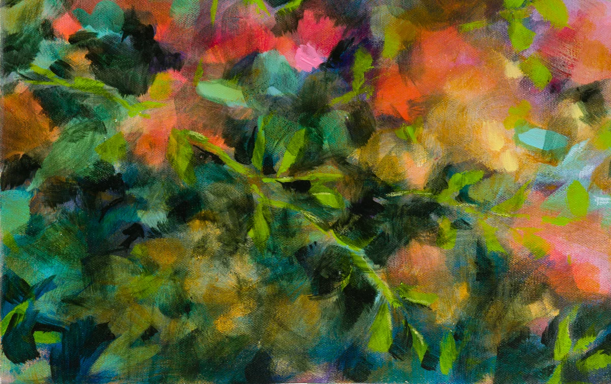 Floraison, acrylique et pastels à la cire sur toile, 90X43 cm
