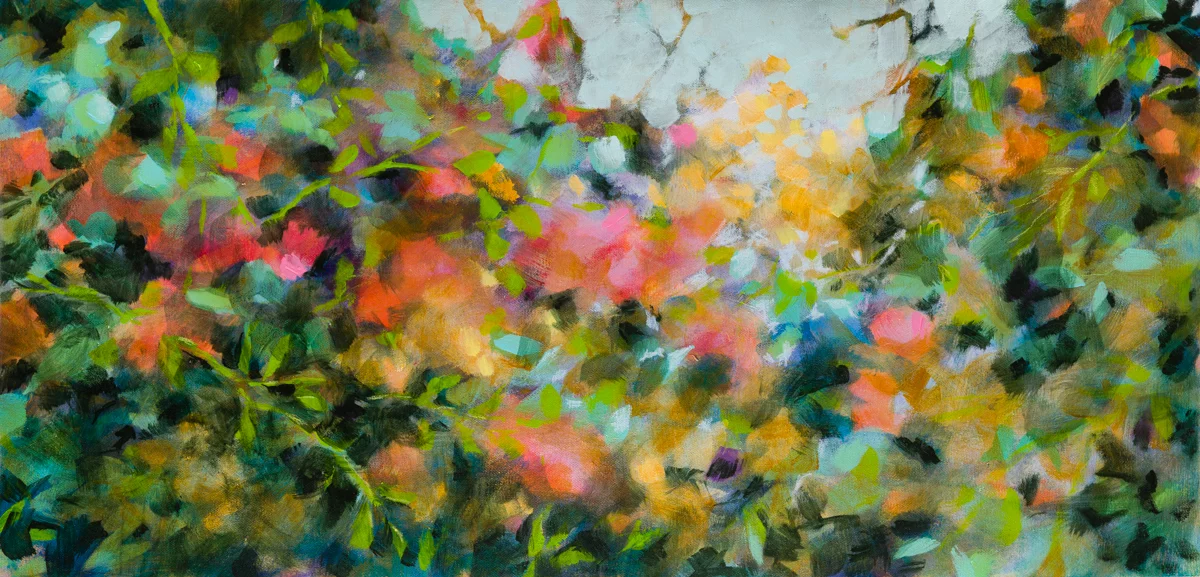 Floraison, acrylique et pastels à la cire sur toile, 90X43 cm