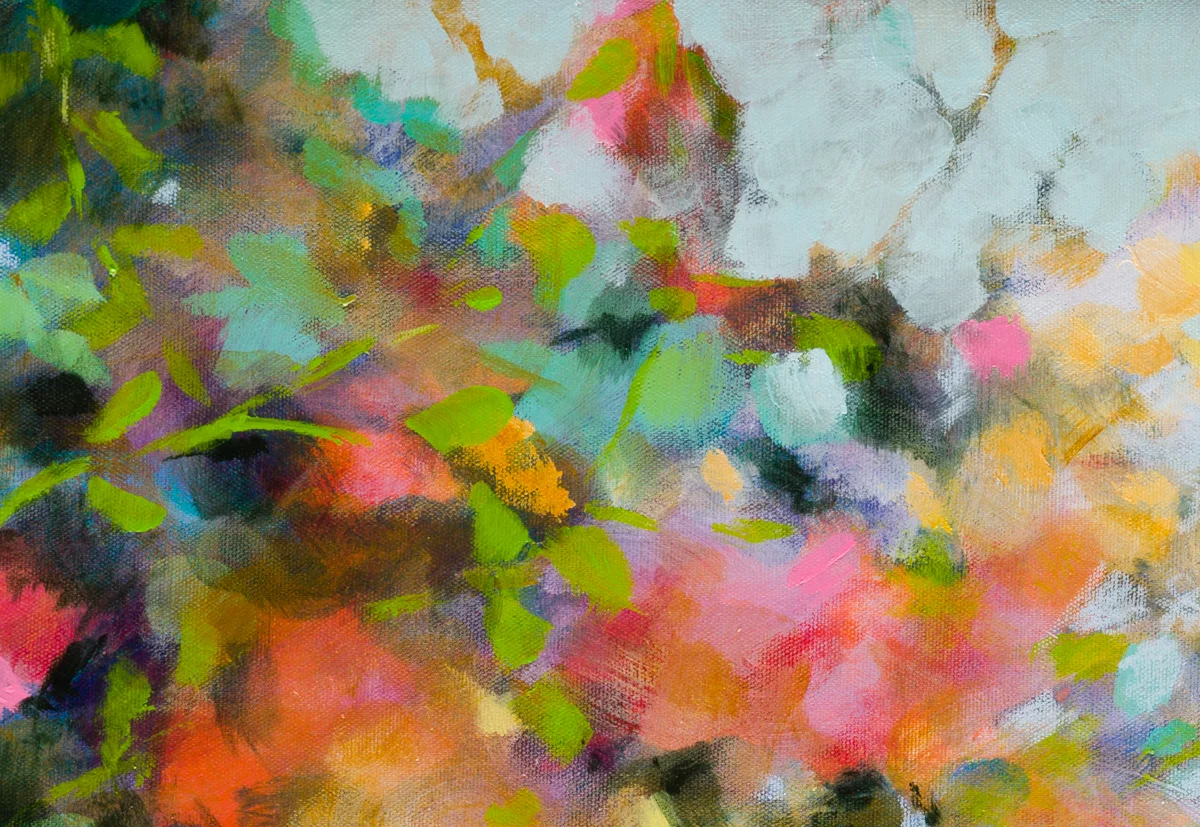 Floraison, acrylique et pastels à la cire sur toile, 90X43 cm
