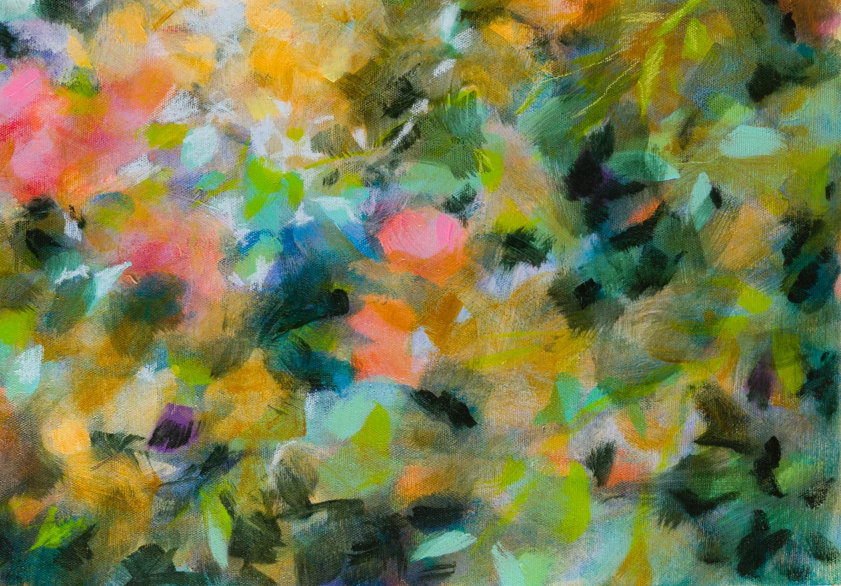 Floraison, acrylique et pastels à la cire sur toile, 90X43 cm