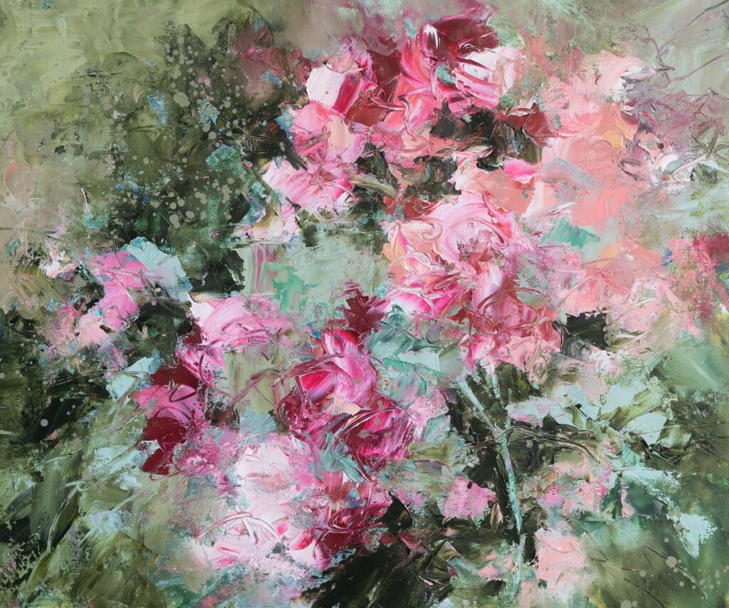 Le jardin en rose et vert, huile sur toile, 50X60 cm