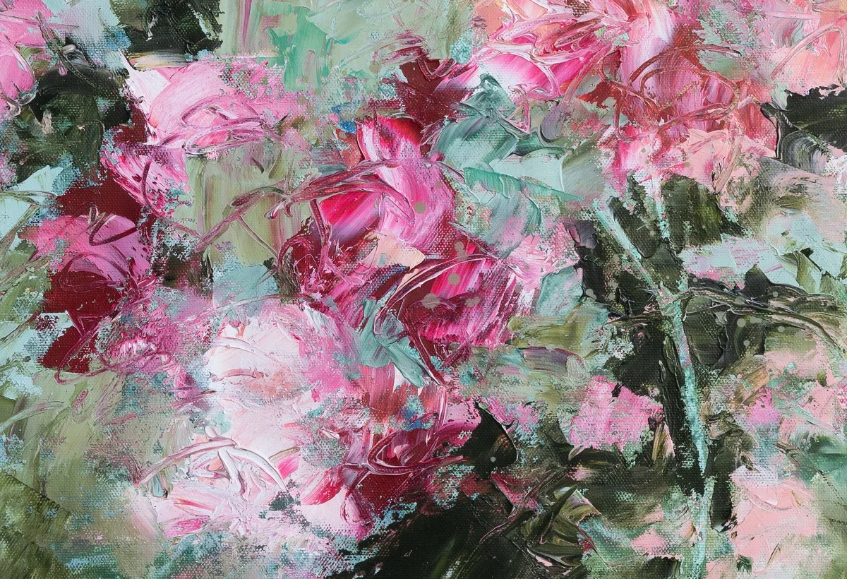 Le jardin en rose et vert, huile sur toile, 50X60 cm