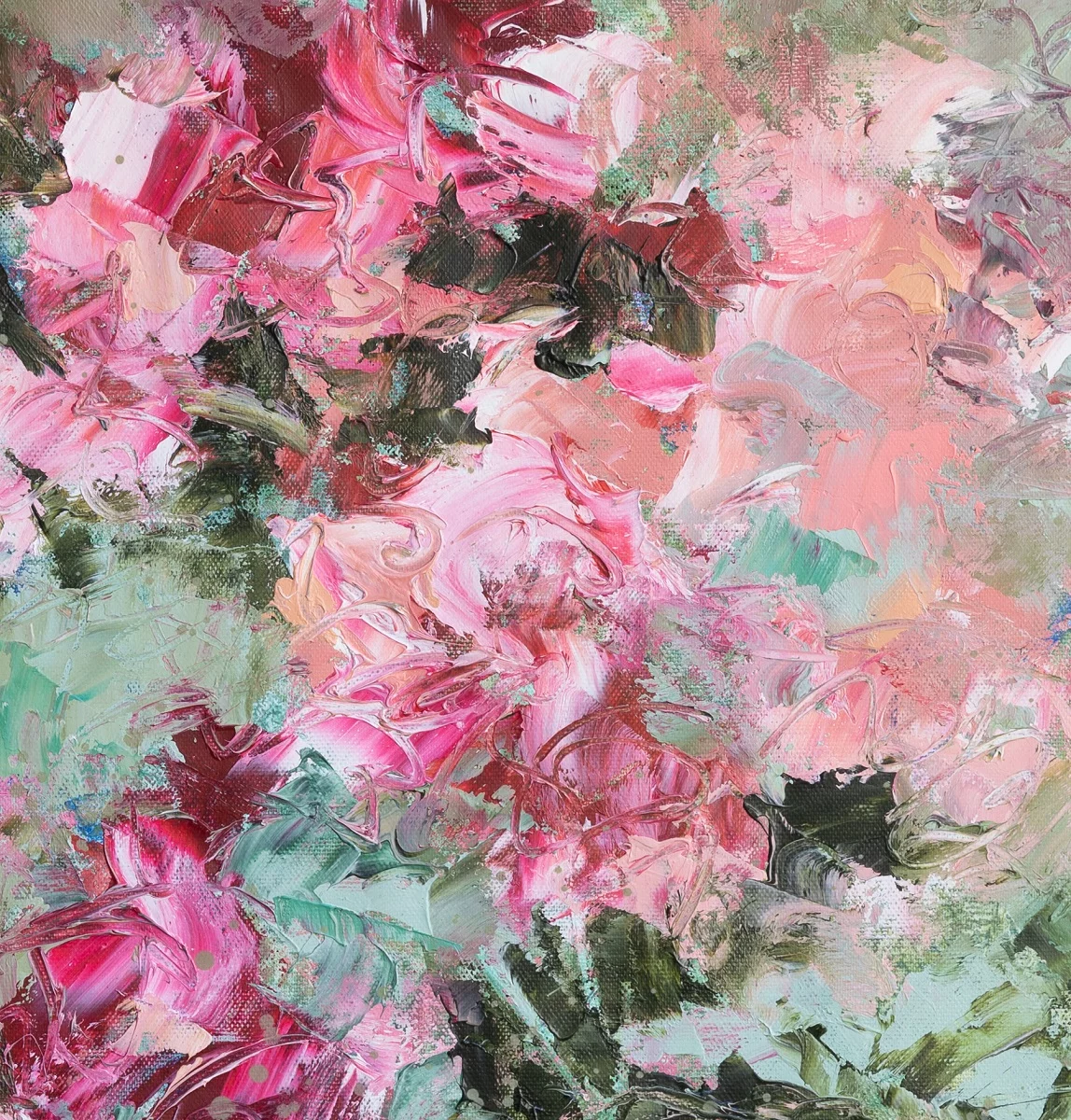 Le jardin en rose et vert, huile sur toile, 50X60 cm