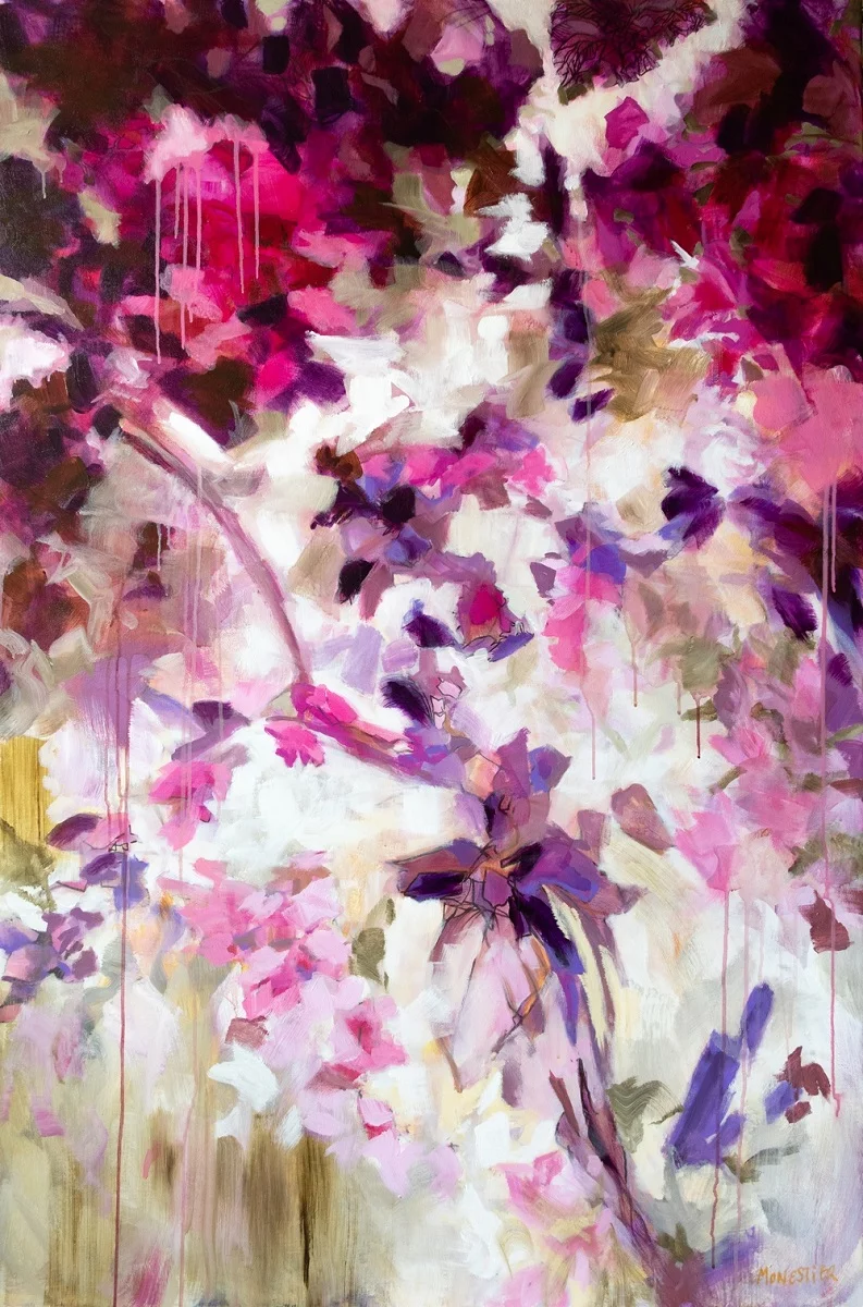 Paréidolie en rose et violet, acrylique et marqueur sur toile 150X100 cm