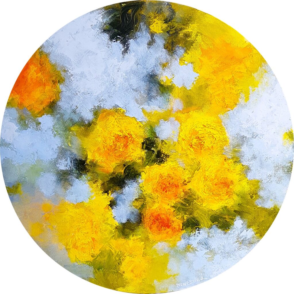 Tondo aux roses jaunes, huile sur toile ronde, 50cm Ø
